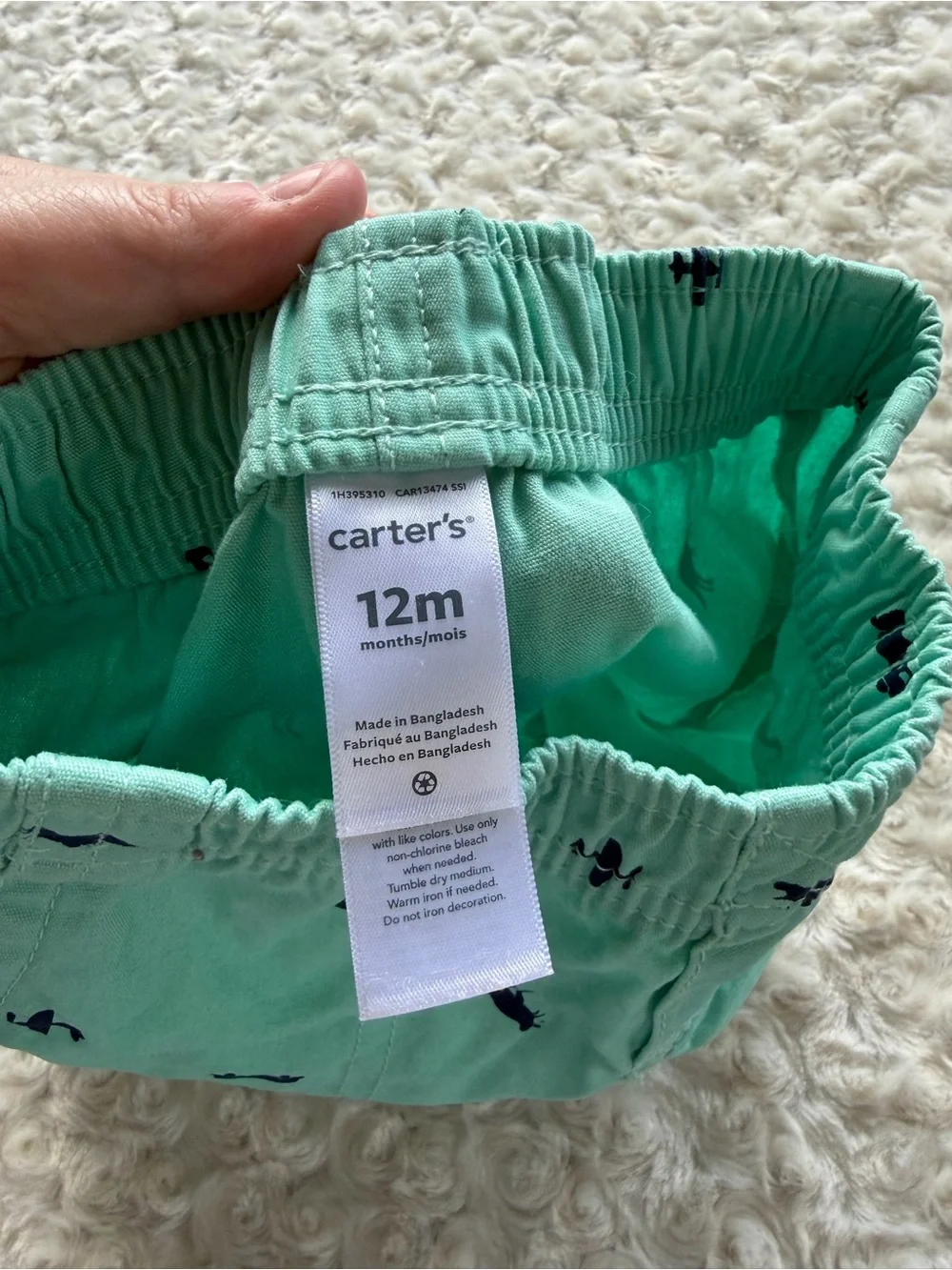 Size 12 Months Carter’s Mint Green & Navy Dinosaur Airplane Truck Print Shorts